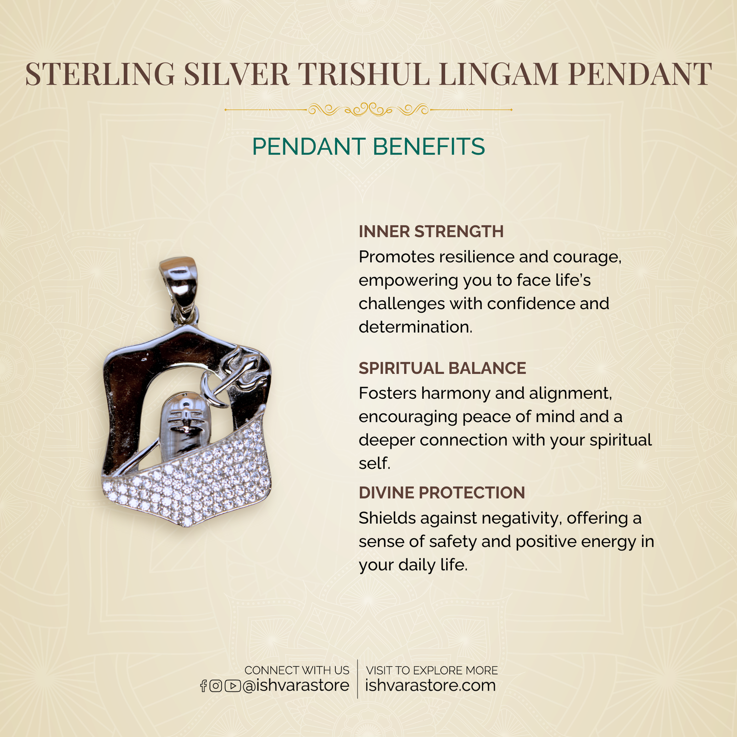 Sterling Silver Trishul Lingam Pendant (White Cz Gemstones, Rhodium plating, Pendant only, without chain)