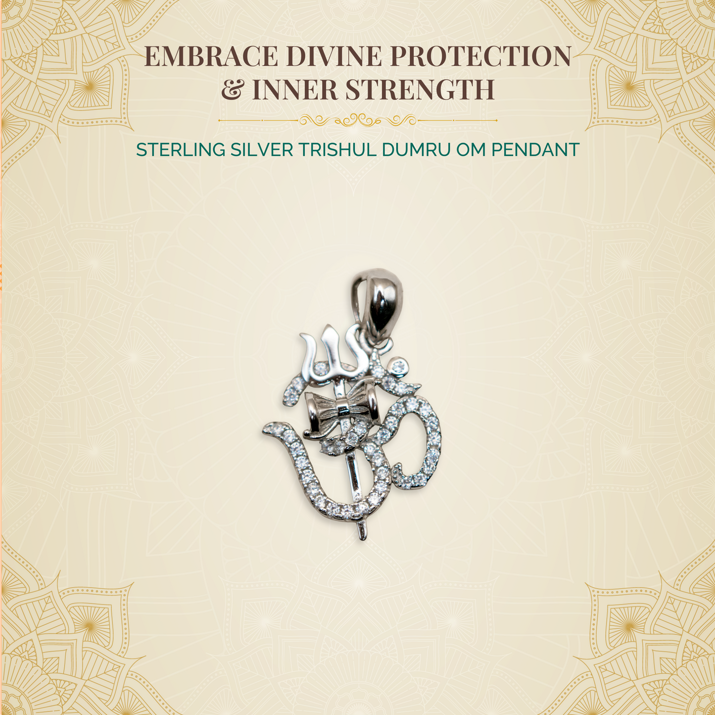 Sterling Silver Trishul Dumru Om Pendant (White CZ Gemstones, Rhodium plating, Pendant only, without chain)