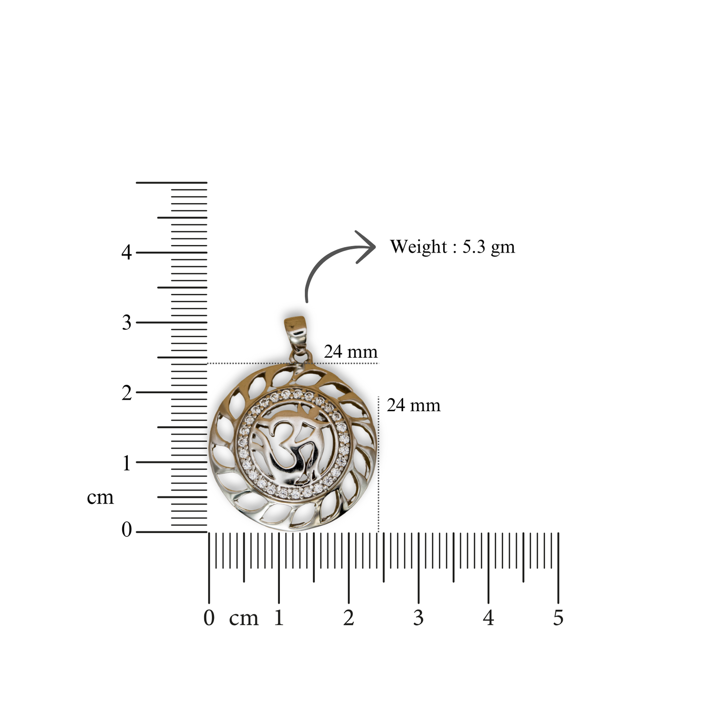 Silver Om Pendant (White CZ Gemstones, Rhodium plating, Pendant only, without chain)