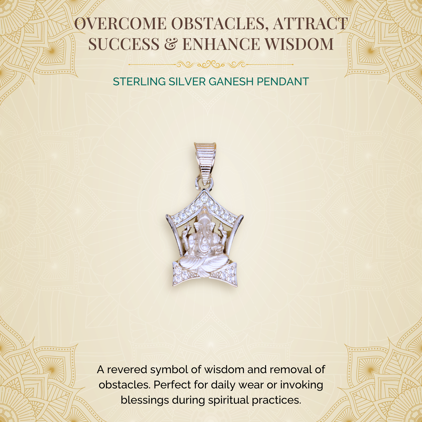 Sterling Silver Ganesh Pendant (White Cz Gemstones, Rhodium plating / Matte finish, Pendant only, without chain)
