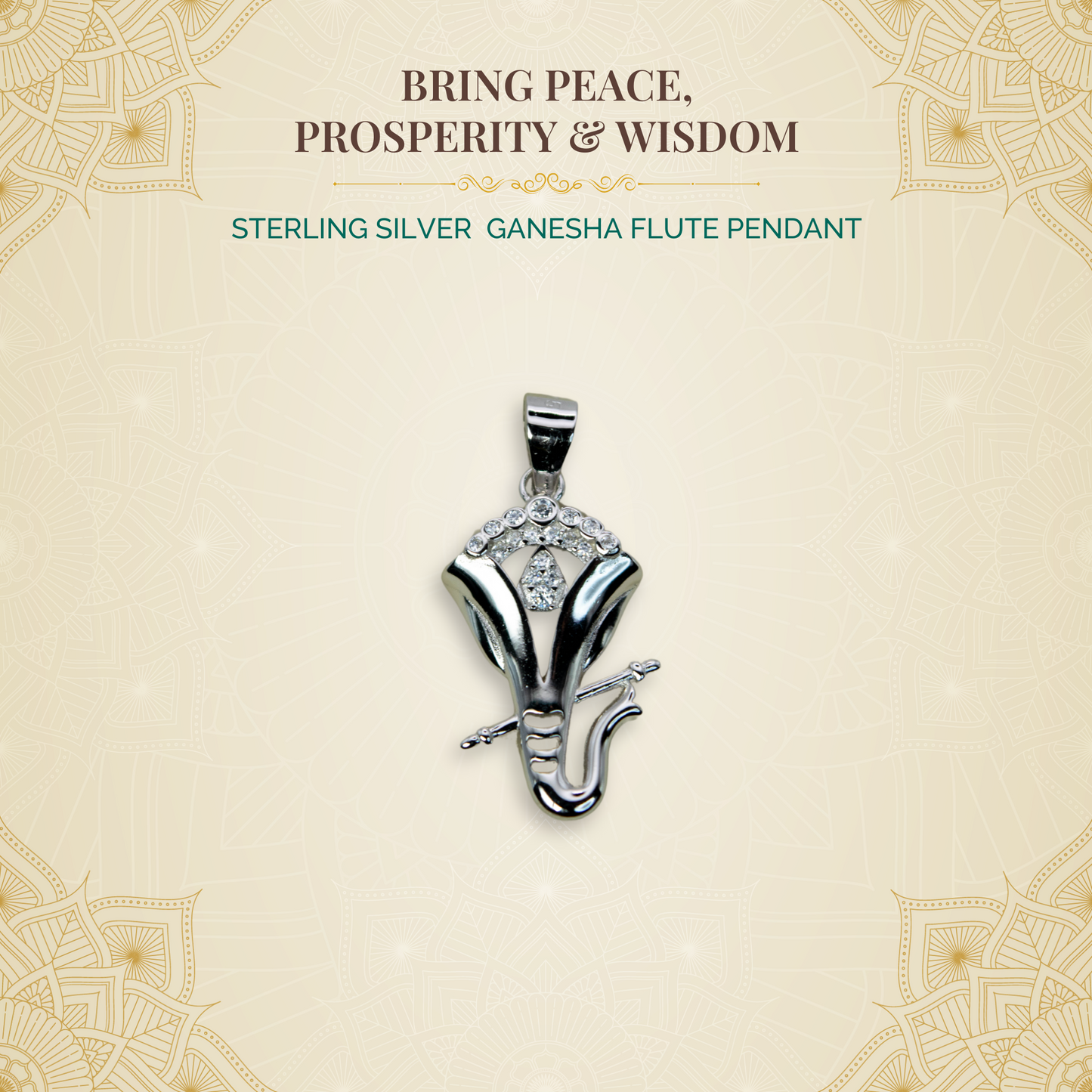 Sterling Silver Ganesha Flute Pendant (White CZ Gemstones, Rhodium plating, Pendant only, without chain)