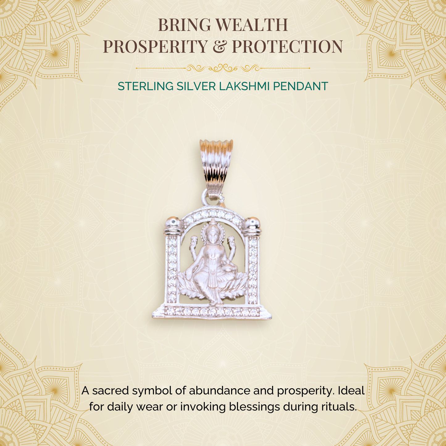Sterling Silver Lakshmi Pendant (White Cz Gemstones, Rhodium plating / Matte finish, Pendant only, without chain)