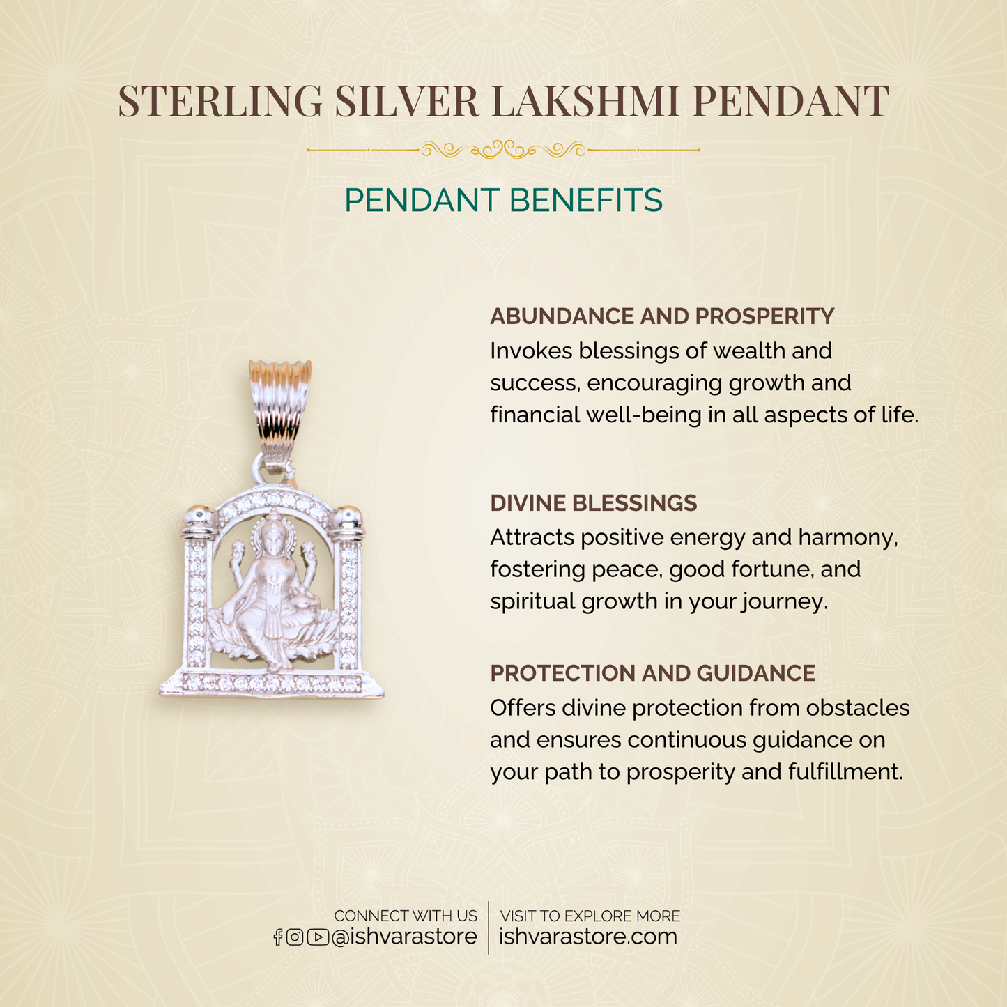 Sterling Silver Lakshmi Pendant (White Cz Gemstones, Rhodium plating / Matte finish, Pendant only, without chain)