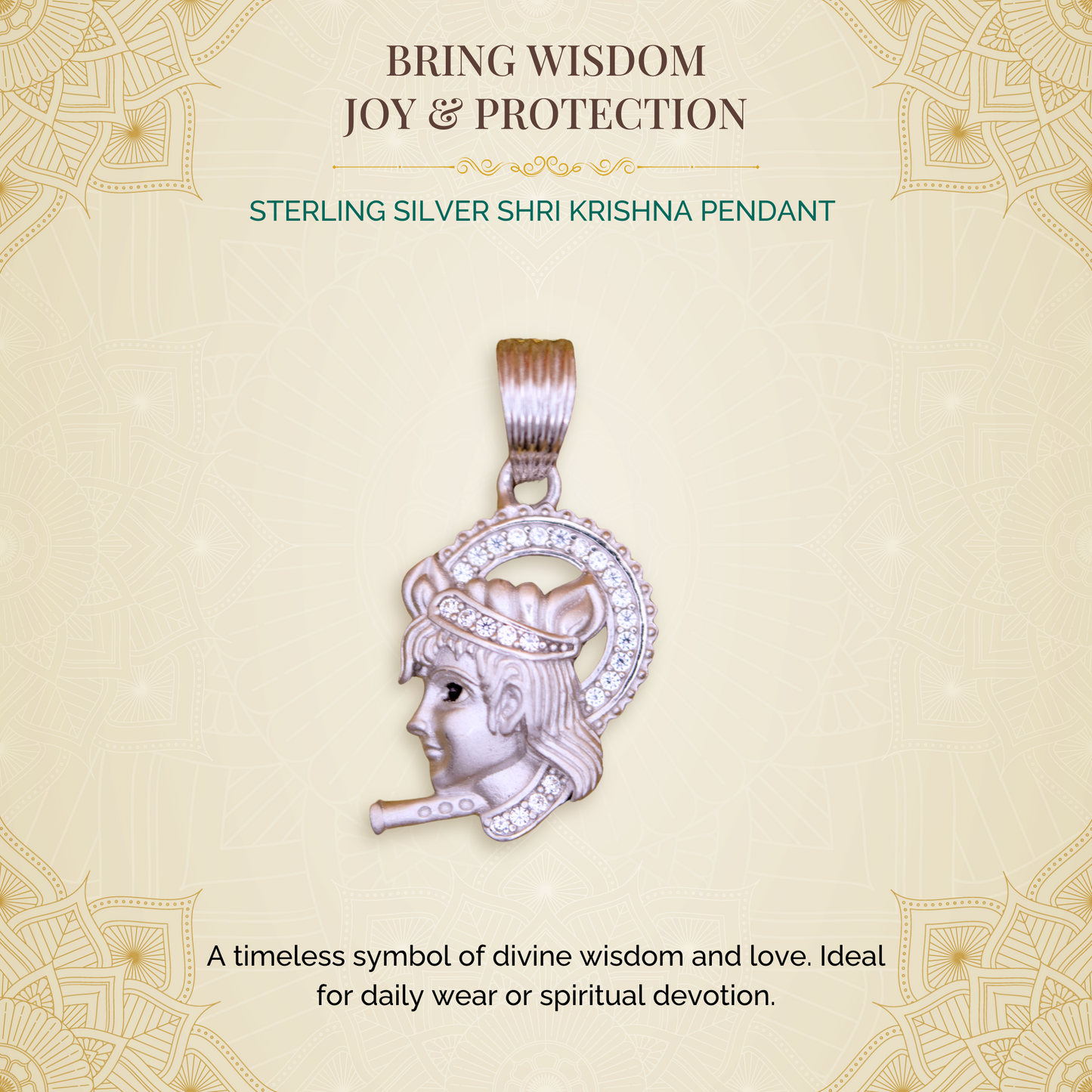 Sterling Silver Shri Krishna Pendant (White Cz Gemstones, Rhodium plating / Matte finish, Pendant only, without chain)
