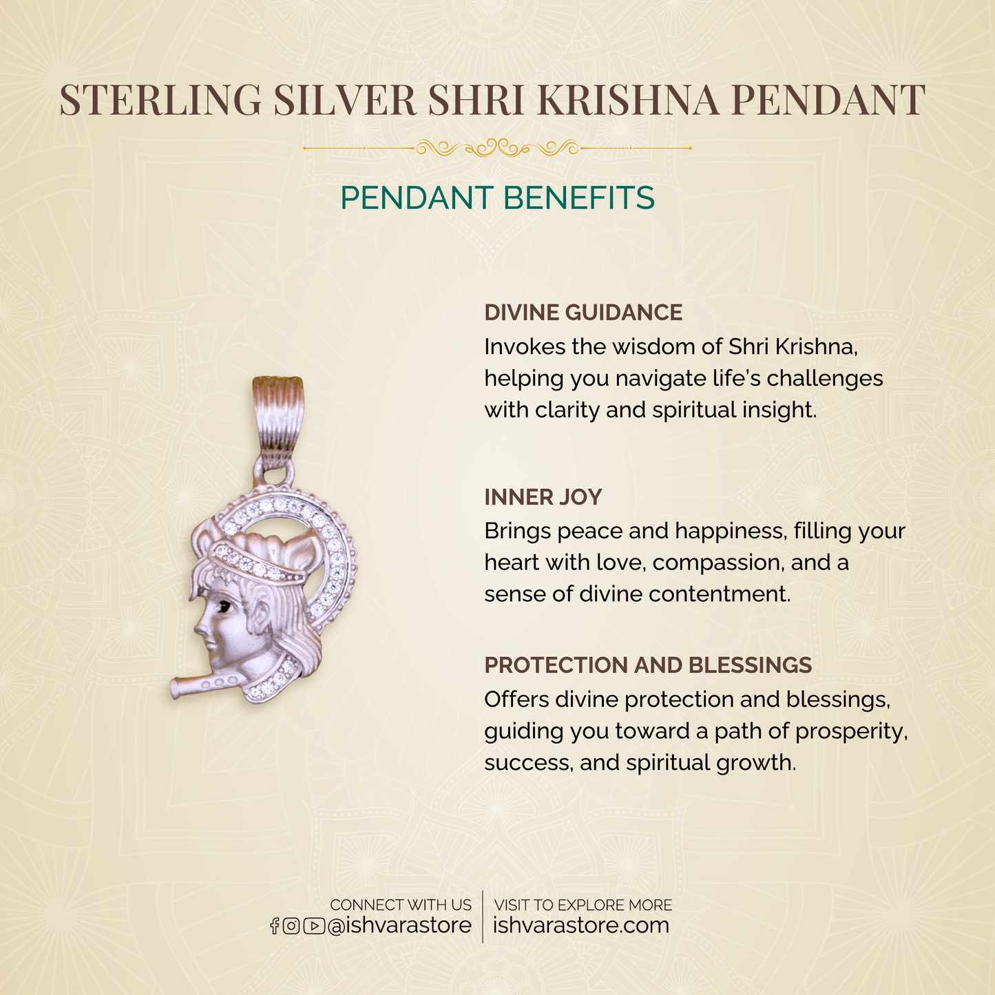 Sterling Silver Shri Krishna Pendant (White Cz Gemstones, Rhodium plating / Matte finish, Pendant only, without chain)