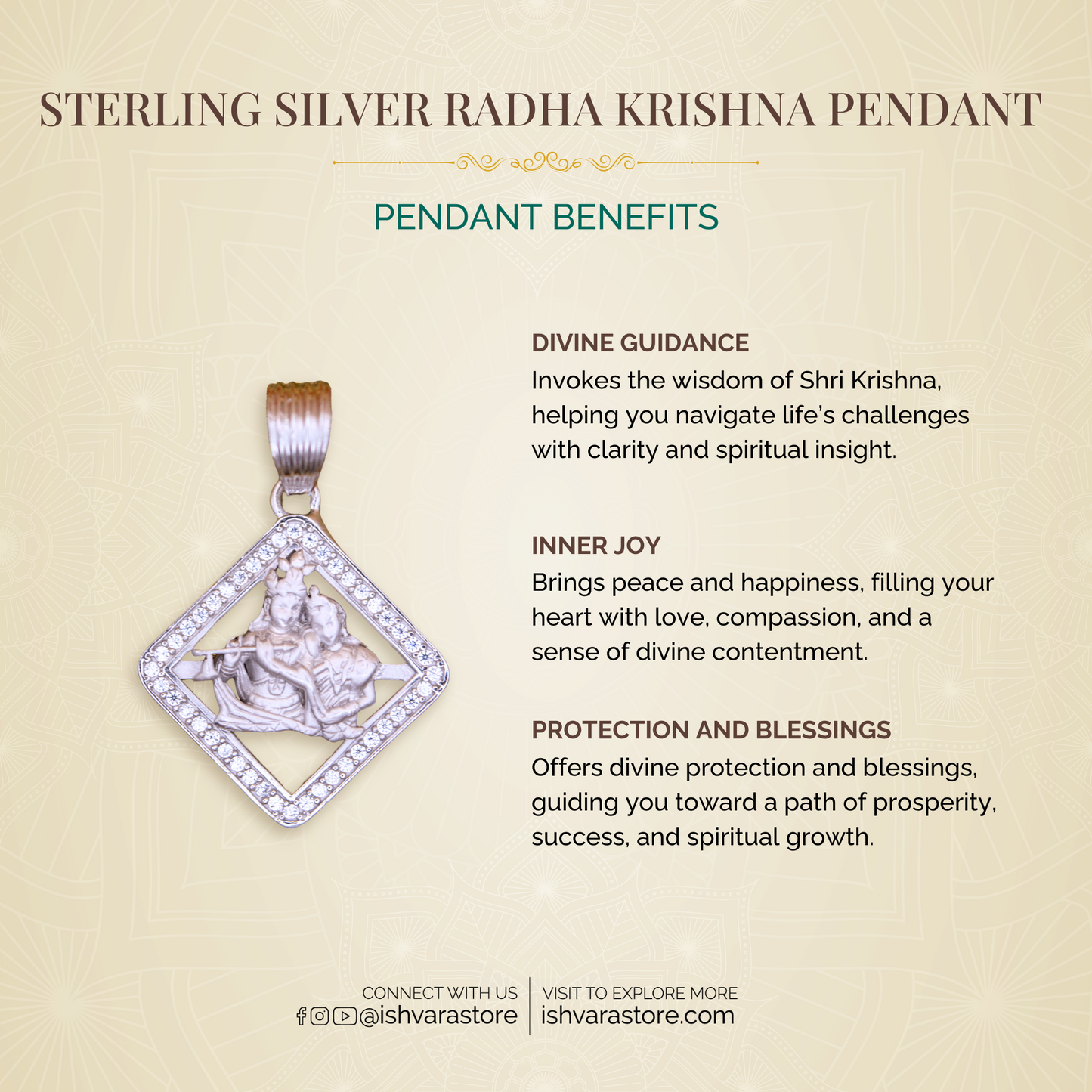 Sterling Silver Radha Krishna Pendant (White Cz Gemstones, Rhodium plating / Matte finish, Pendant only, without chain)