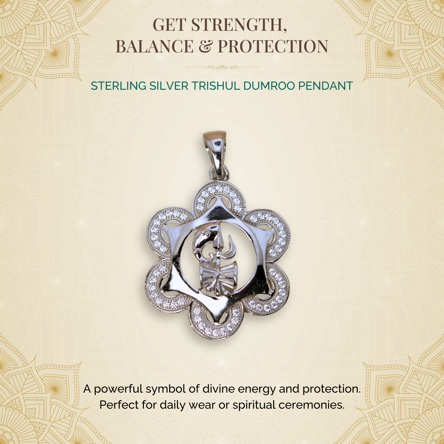Sterling Silver Trishul Dumroo Pendant (White Cz Gemstones, Rhodium plating, Pendant only, without chain)