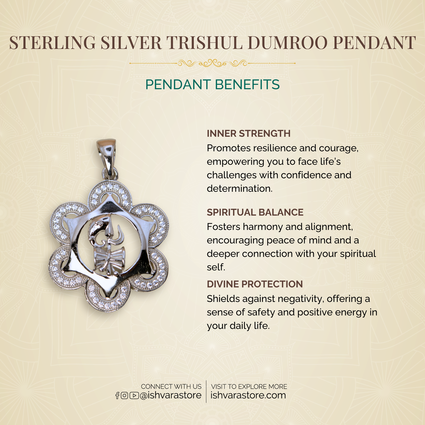 Sterling Silver Trishul Dumroo Pendant (White Cz Gemstones, Rhodium plating, Pendant only, without chain)