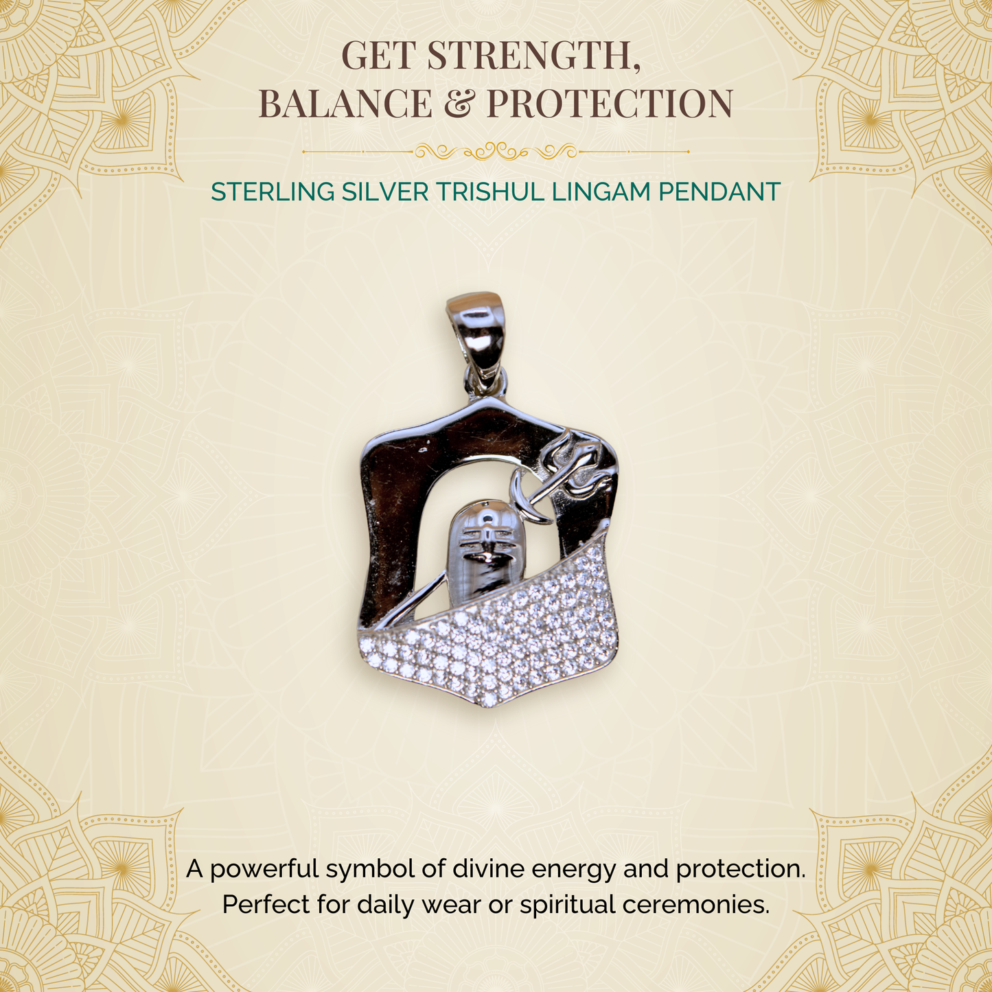 Sterling Silver Trishul Lingam Pendant (White Cz Gemstones, Rhodium plating, Pendant only, without chain)