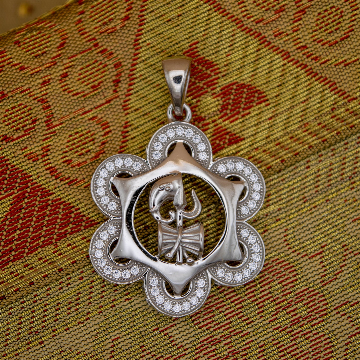 Sterling Silver Trishul Dumroo Pendant (White Cz Gemstones, Rhodium plating, Pendant only, without chain)