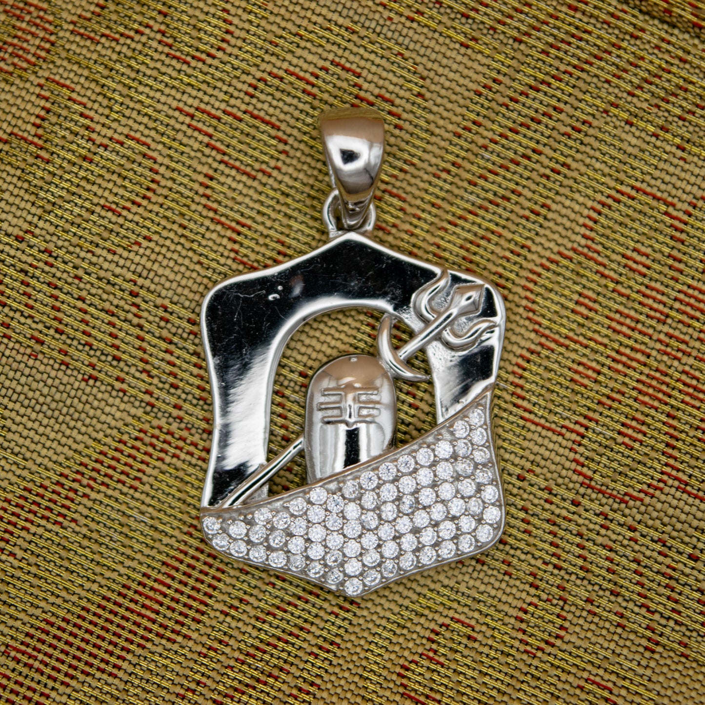 Sterling Silver Trishul Lingam Pendant (White Cz Gemstones, Rhodium plating, Pendant only, without chain)
