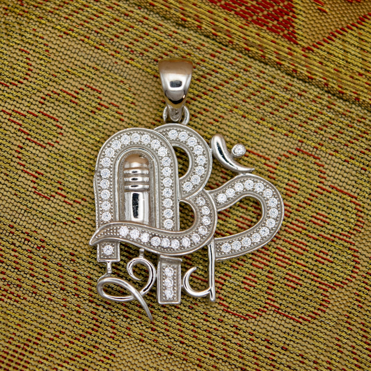 Sterling Silver Om Lingam Pendant (White Cz Gemstones, Rhodium plating, Pendant only, without chain)