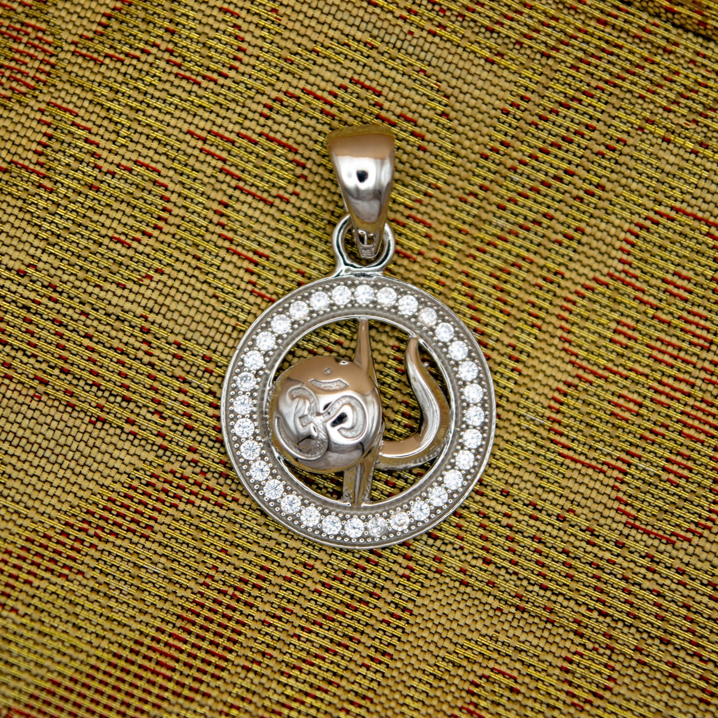 Sterling Silver Om Trishul Pendant (White Cz Gemstones, Rhodium plating, Pendant only, without chain)