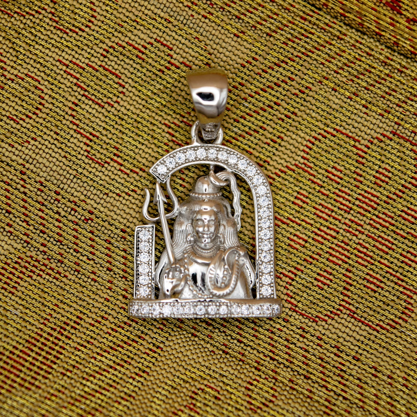 Sterling Silver Shiva Trishul Pendant (White Cz Gemstones, Rhodium plating, Pendant only, without chain)