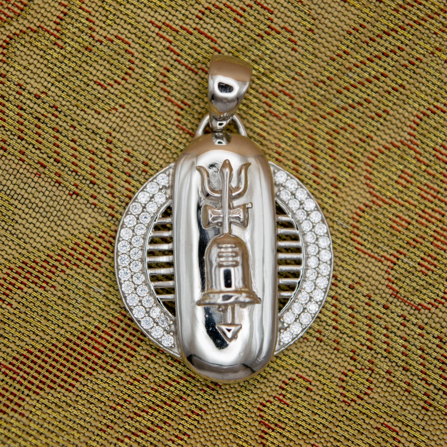 Sterling Silver Trishul Lingam Dumroo Pendant (White Cz Gemstones, Rhodium plating, Pendant only, without chain)