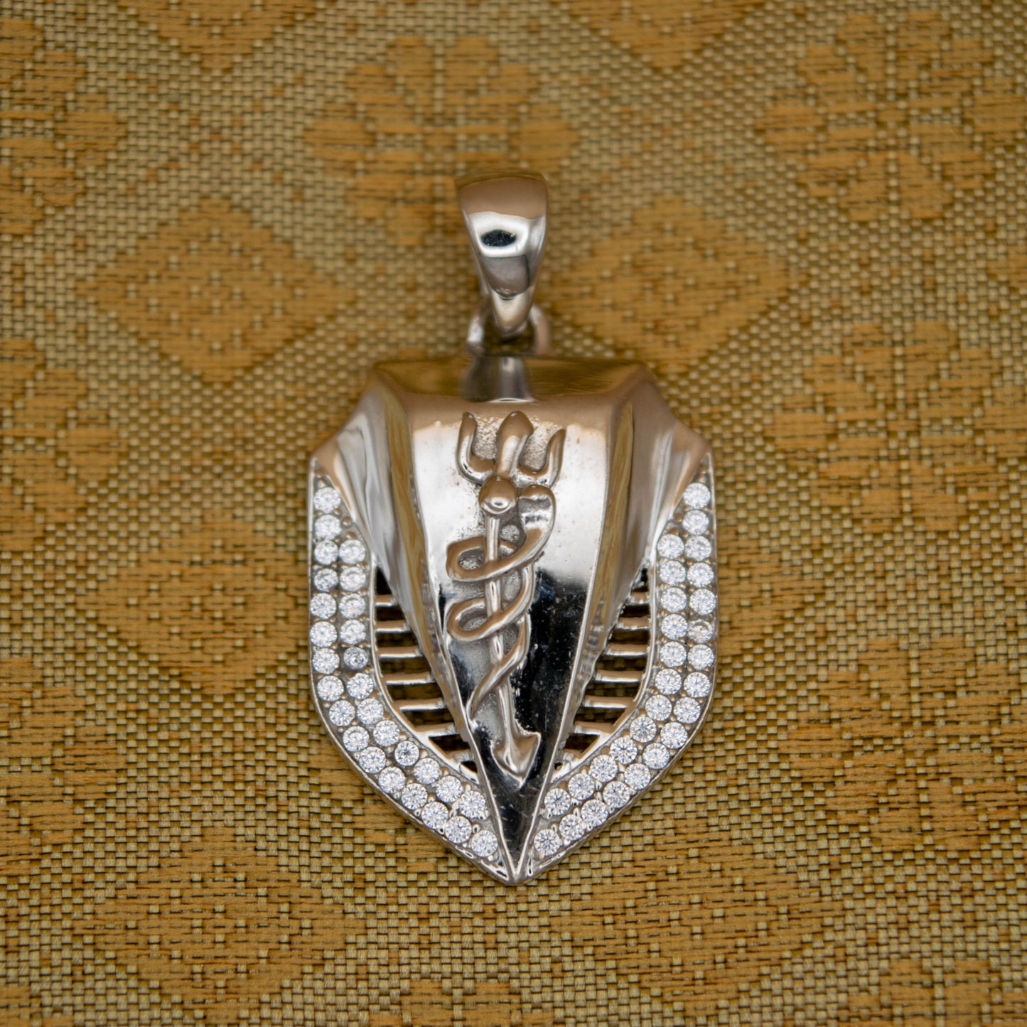 Sterling Silver Trishul Nagraj Pendant (White Cz Gemstones, Rhodium plating, Pendant only, without chain)