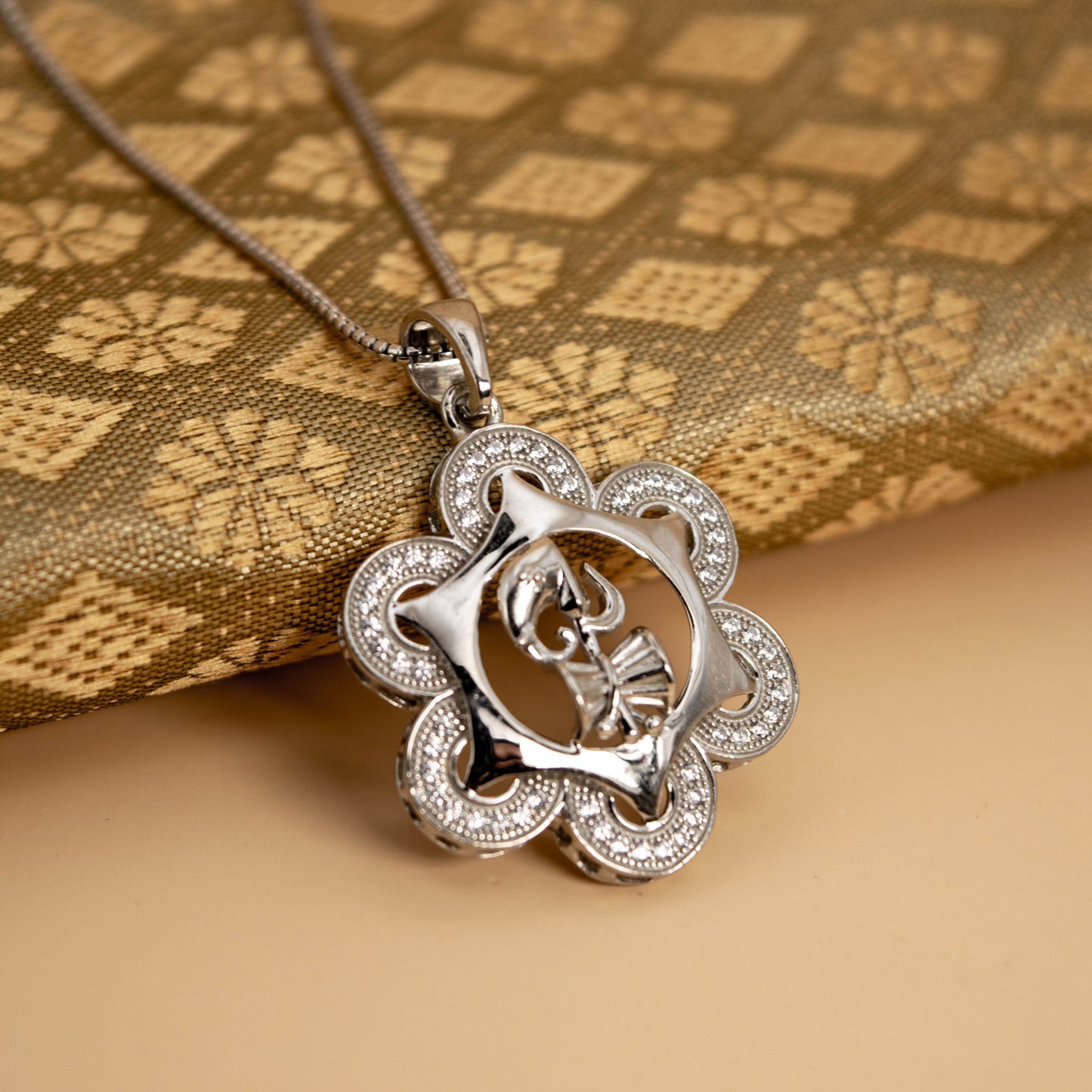 Sterling Silver Trishul Dumroo Pendant (White Cz Gemstones, Rhodium plating, Pendant only, without chain)
