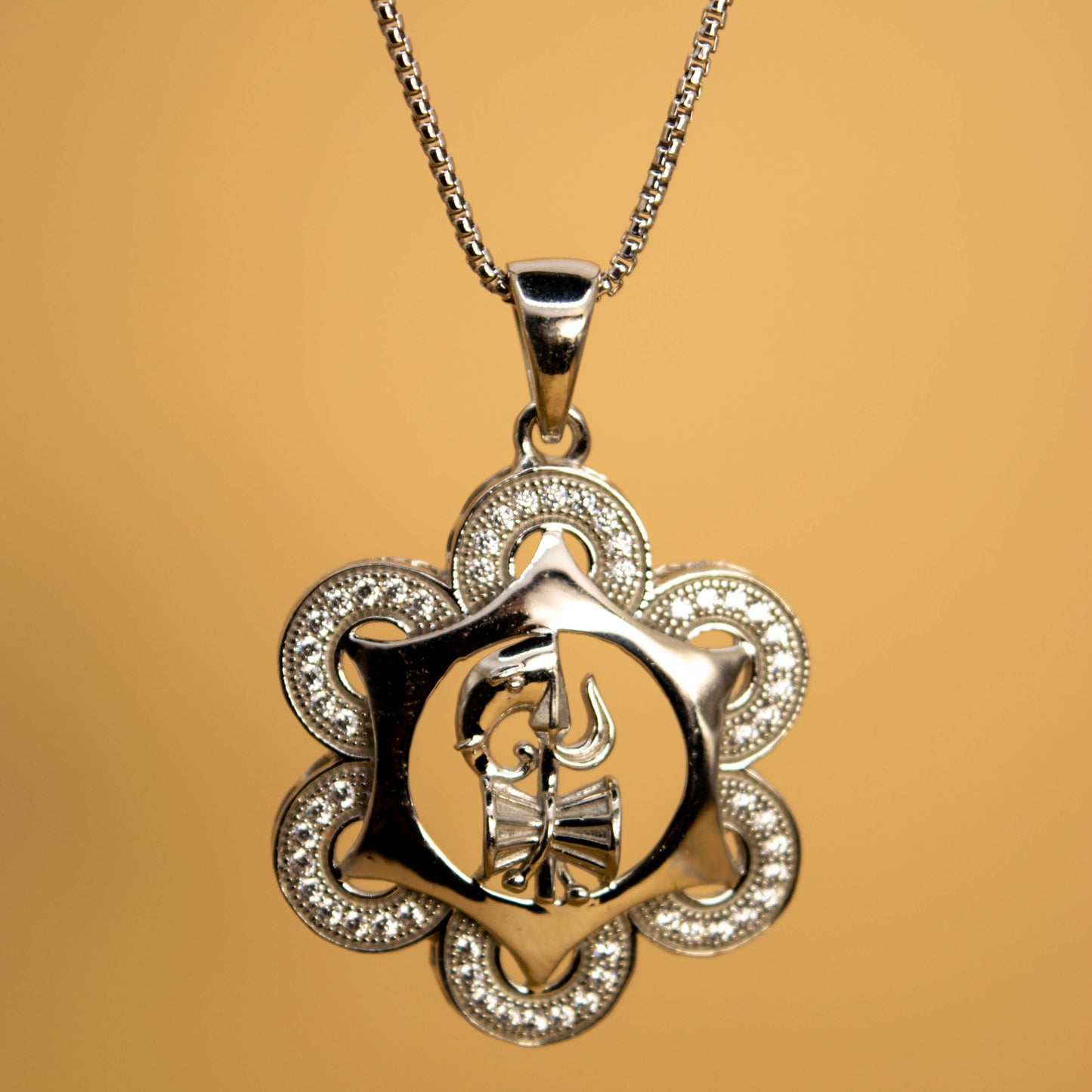 Sterling Silver Trishul Dumroo Pendant (White Cz Gemstones, Rhodium plating, Pendant only, without chain)