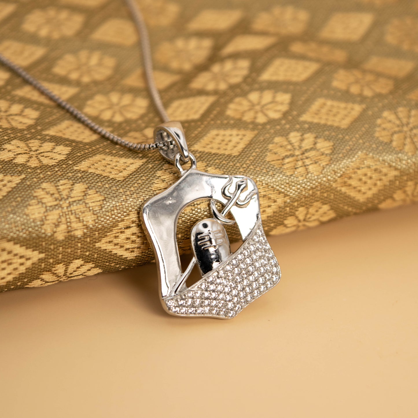Sterling Silver Trishul Lingam Pendant (White Cz Gemstones, Rhodium plating, Pendant only, without chain)