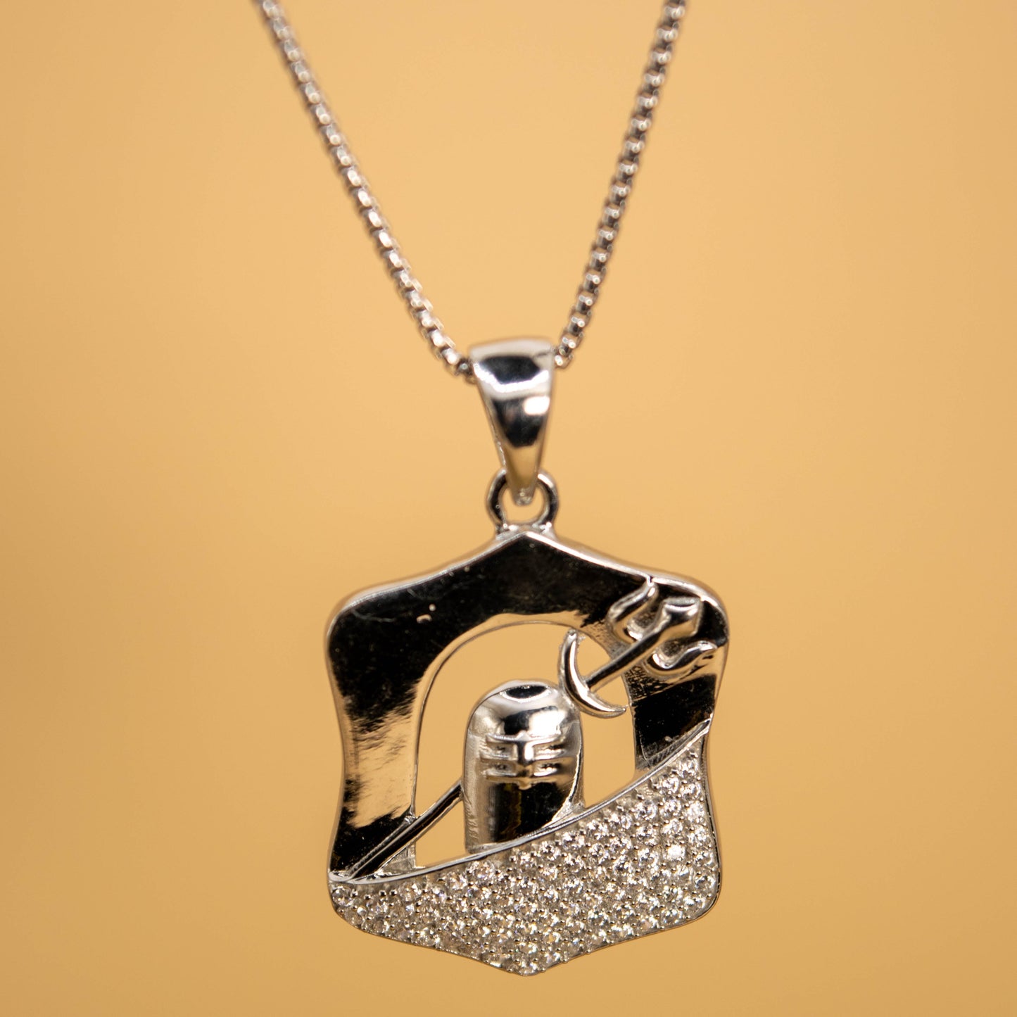Sterling Silver Trishul Lingam Pendant (White Cz Gemstones, Rhodium plating, Pendant only, without chain)