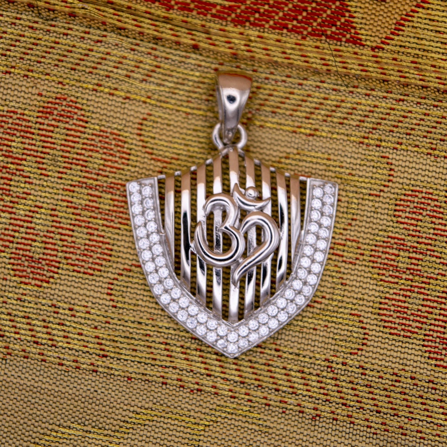 Sterling Silver Om Pendant (White Cz Gemstones, Rhodium plating, Pendant only, without chain)