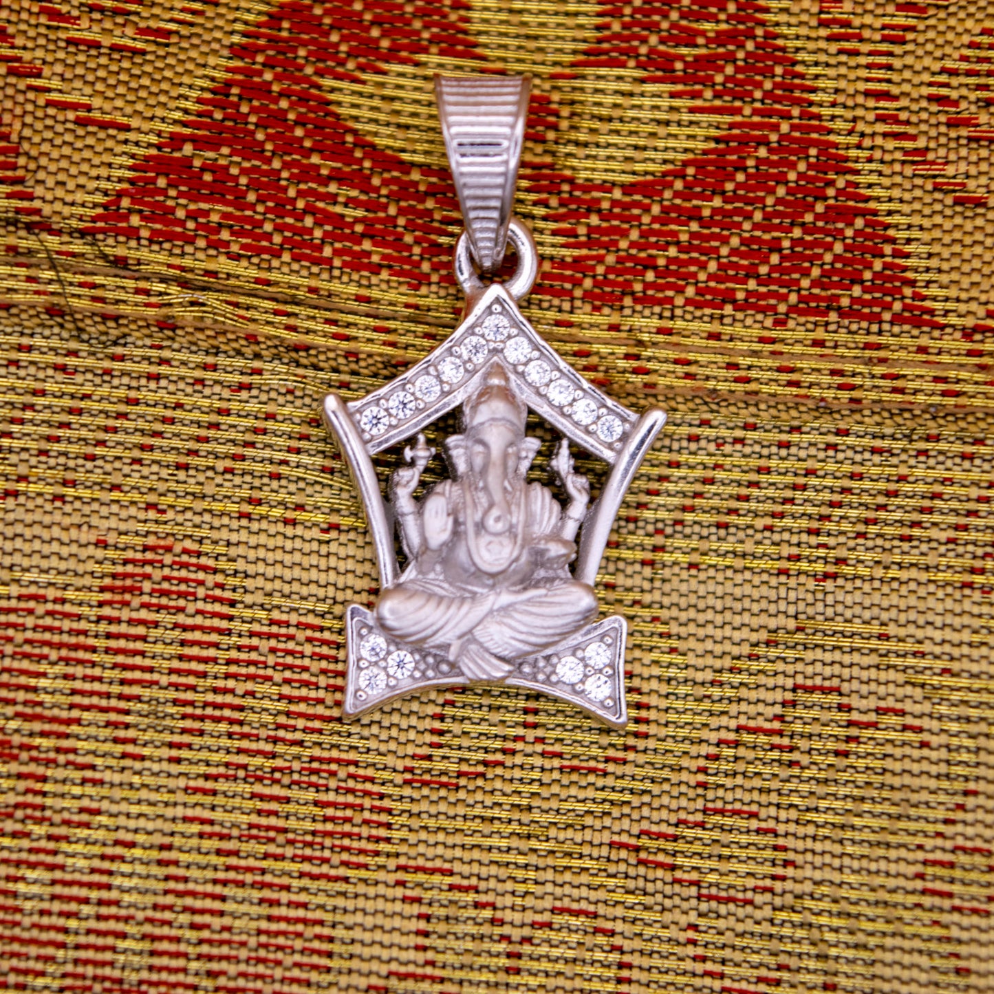 Sterling Silver Ganesh Pendant (White Cz Gemstones, Rhodium plating / Matte finish, Pendant only, without chain)