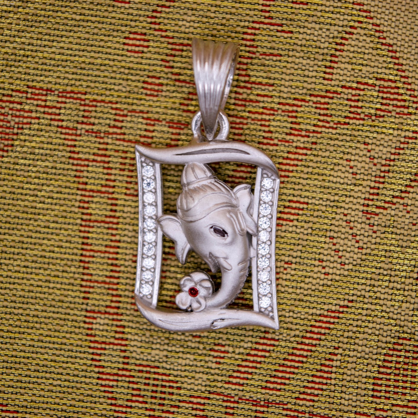 Sterling Silver Ganesh Pendant (White Cz Gemstones, Rhodium plating / Matte finish, Pendant only, without chain)