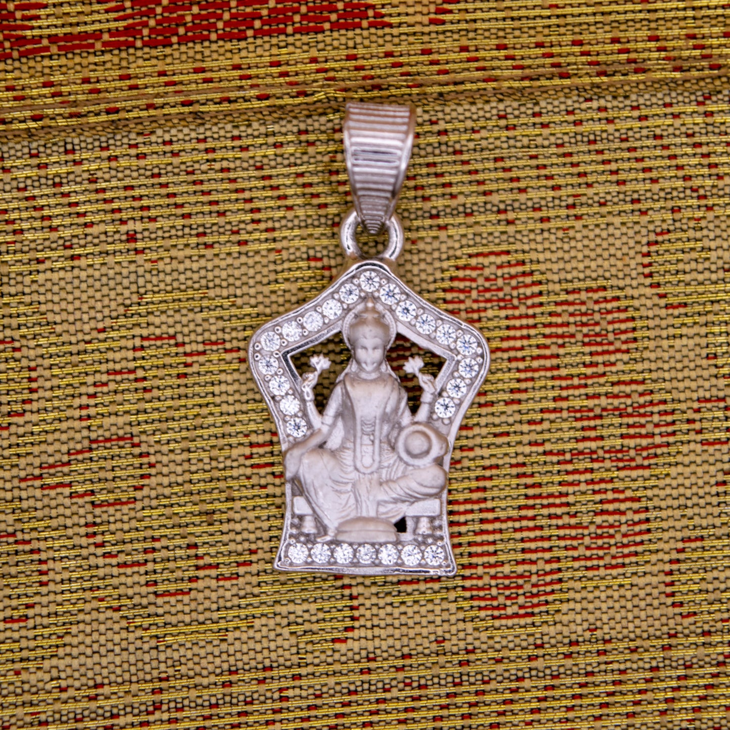 Sterling Silver Lakshmi Pendant (White Cz Gemstones, Rhodium plating / Matte finish, Pendant only, without chain)