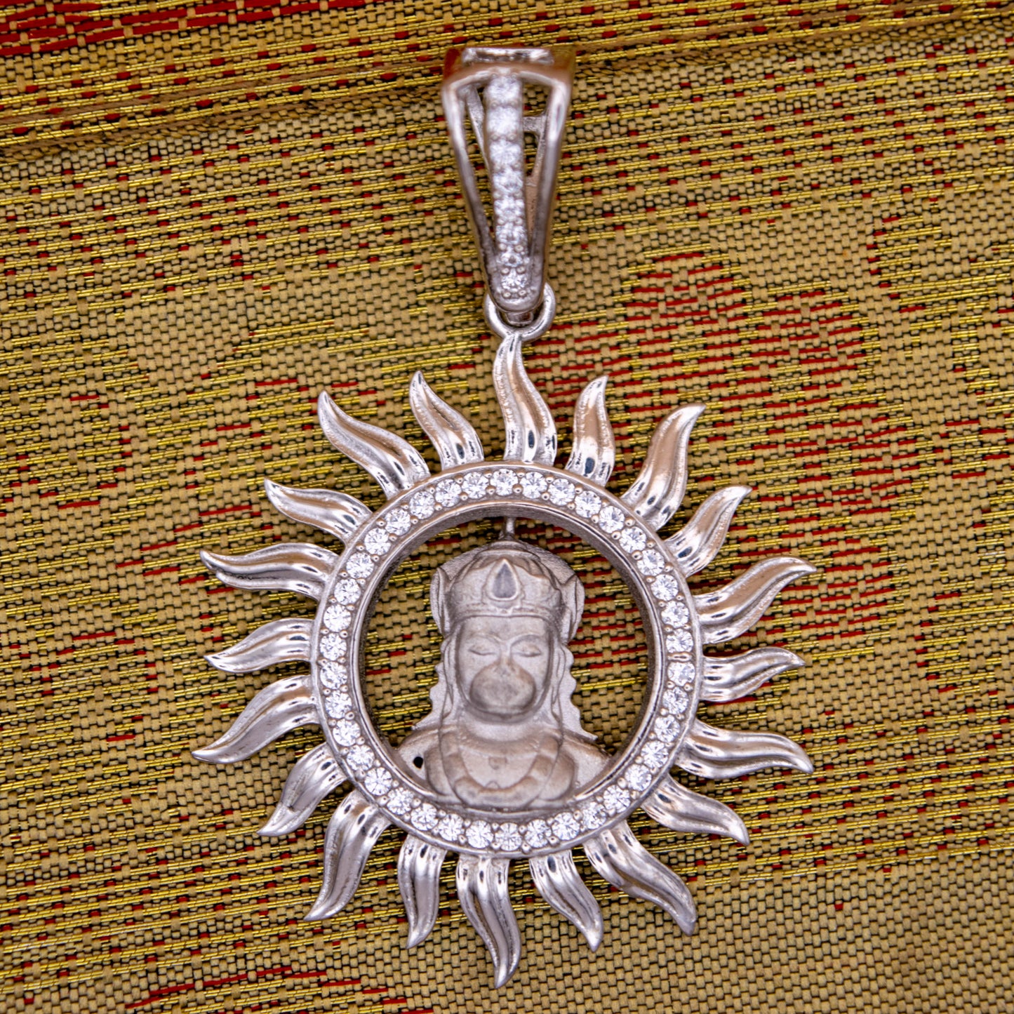 Sterling Silver Hanuman Pendant (White Cz Gemstones, Rhodium plating / Matte finish, Pendant only, without chain)