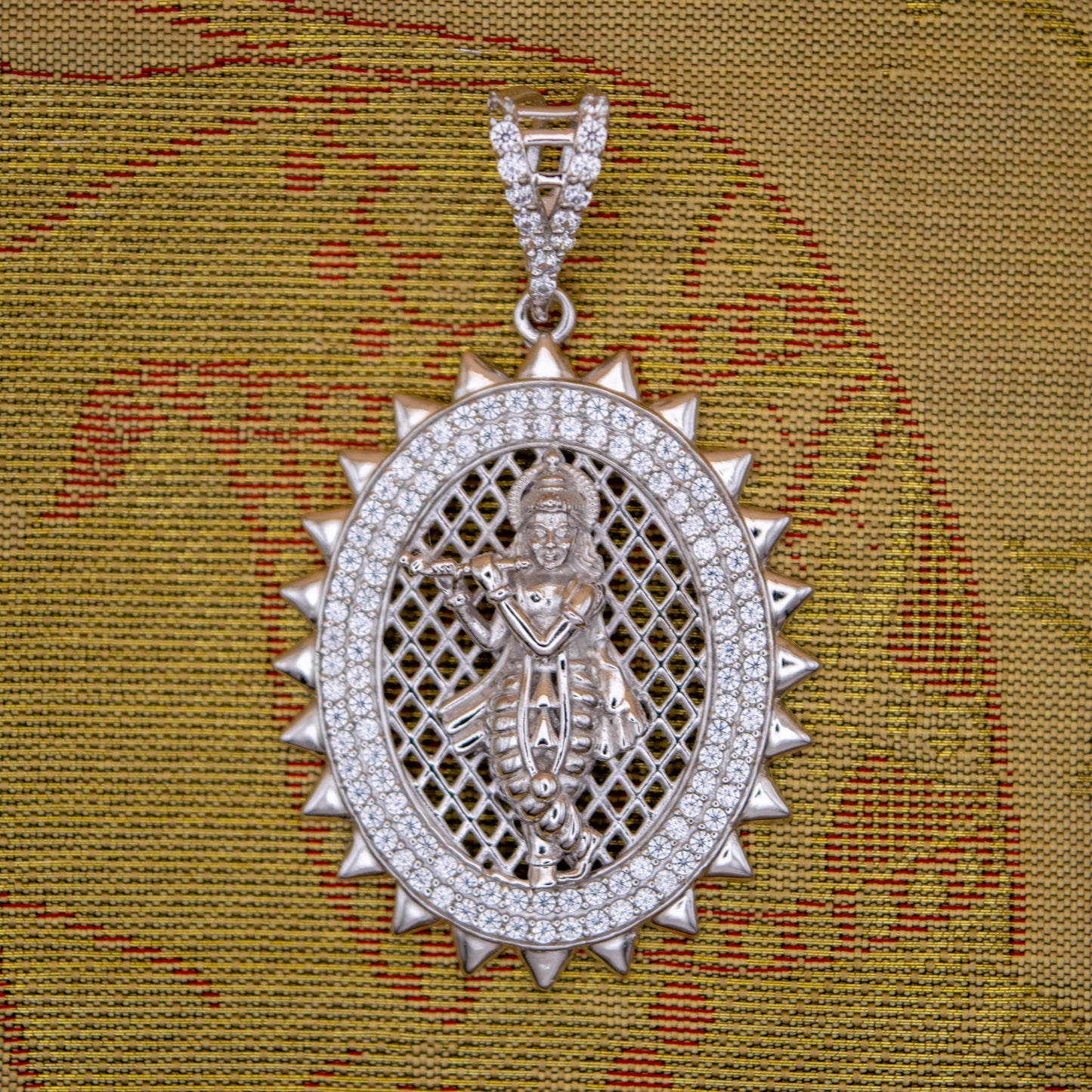 Sterling Silver Shri Krishna Pendant (White Cz Gemstones, Rhodium plating, Pendant only, without chain)