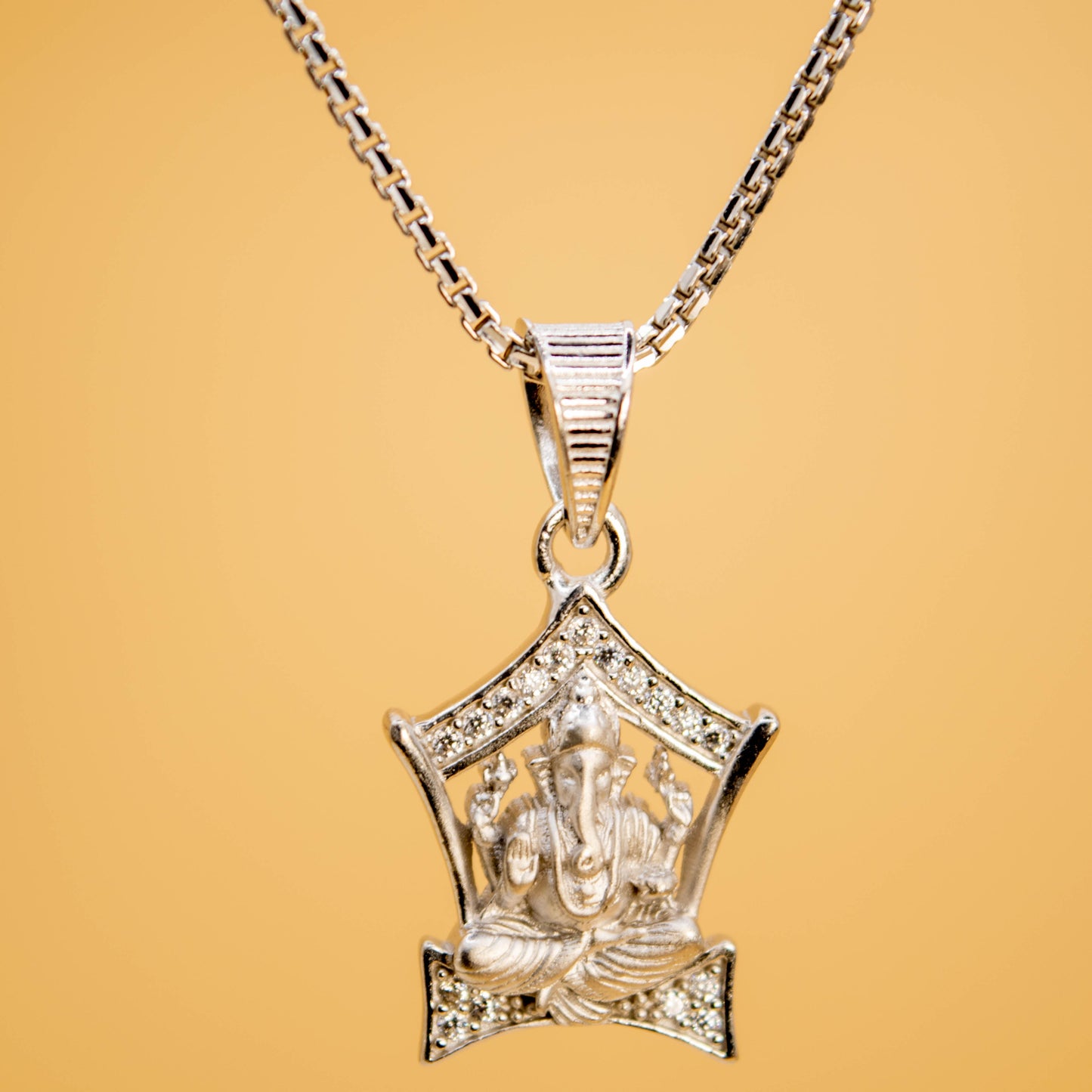 Sterling Silver Ganesh Pendant (White Cz Gemstones, Rhodium plating / Matte finish, Pendant only, without chain)
