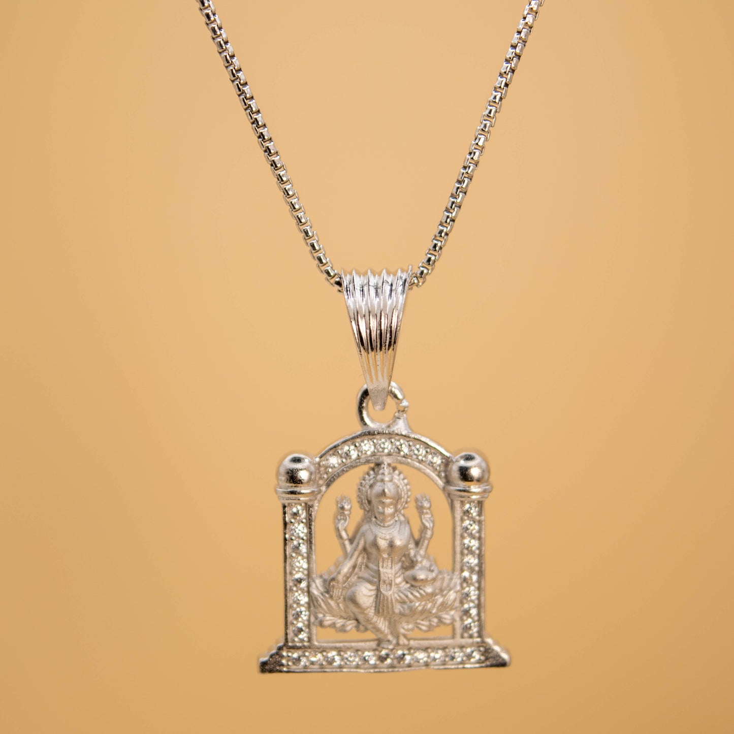 Sterling Silver Lakshmi Pendant (White Cz Gemstones, Rhodium plating / Matte finish, Pendant only, without chain)