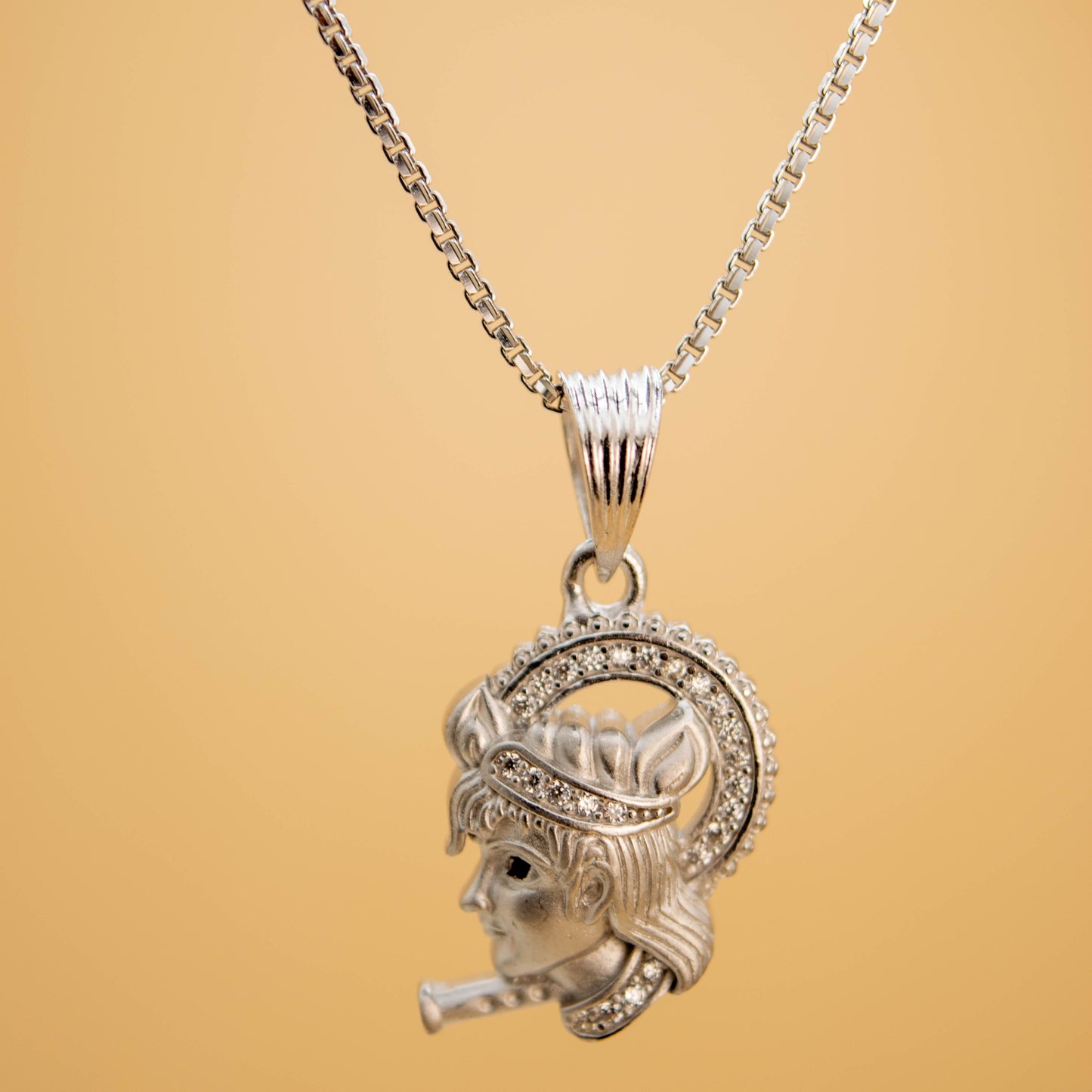 Sterling Silver Shri Krishna Pendant (White Cz Gemstones, Rhodium plating / Matte finish, Pendant only, without chain)