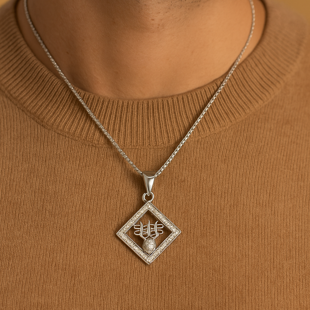 Silver necklace with a pendant on a person wearing a brown sweater