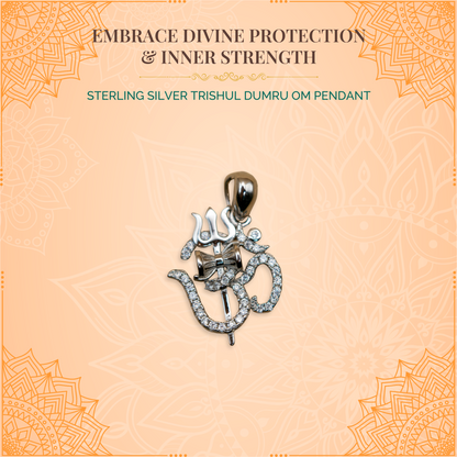 Sterling Silver Trishul Dumru Om Pendant (White CZ Gemstones, Rhodium plating, Pendant only, without chain)