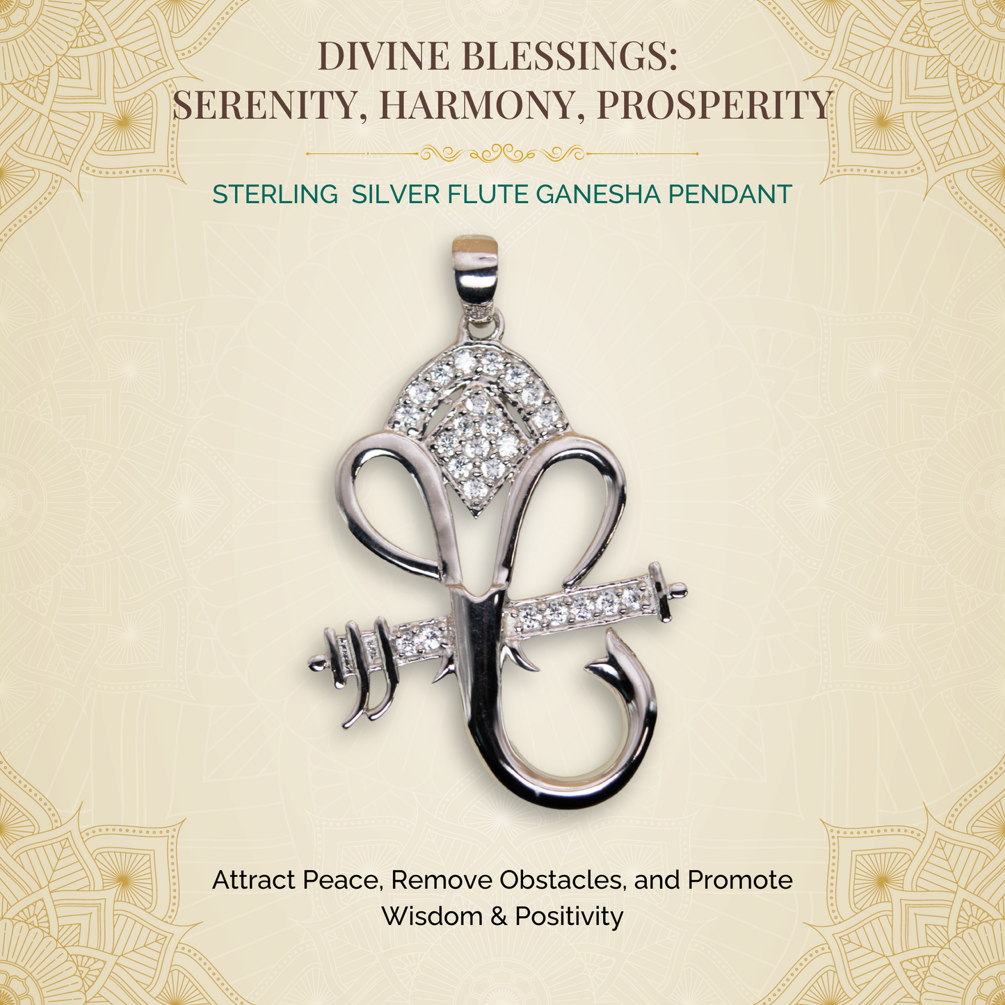 Sterling Silver Flute Ganesha Pendant (White Cz Gemstones, Rhodium plating, Pendant only, without chain)