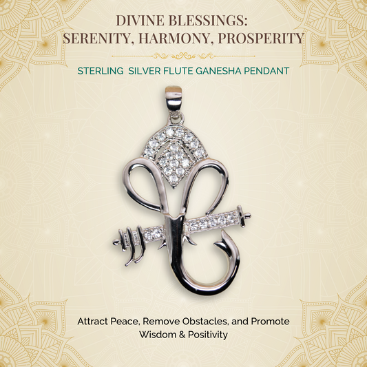 Sterling Silver Flute Ganesha Pendant (White Cz Gemstones, Rhodium plating, Pendant only, without chain)