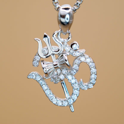 Sterling Silver Trishul Dumru Om Pendant (White CZ Gemstones, Rhodium plating, Pendant only, without chain)