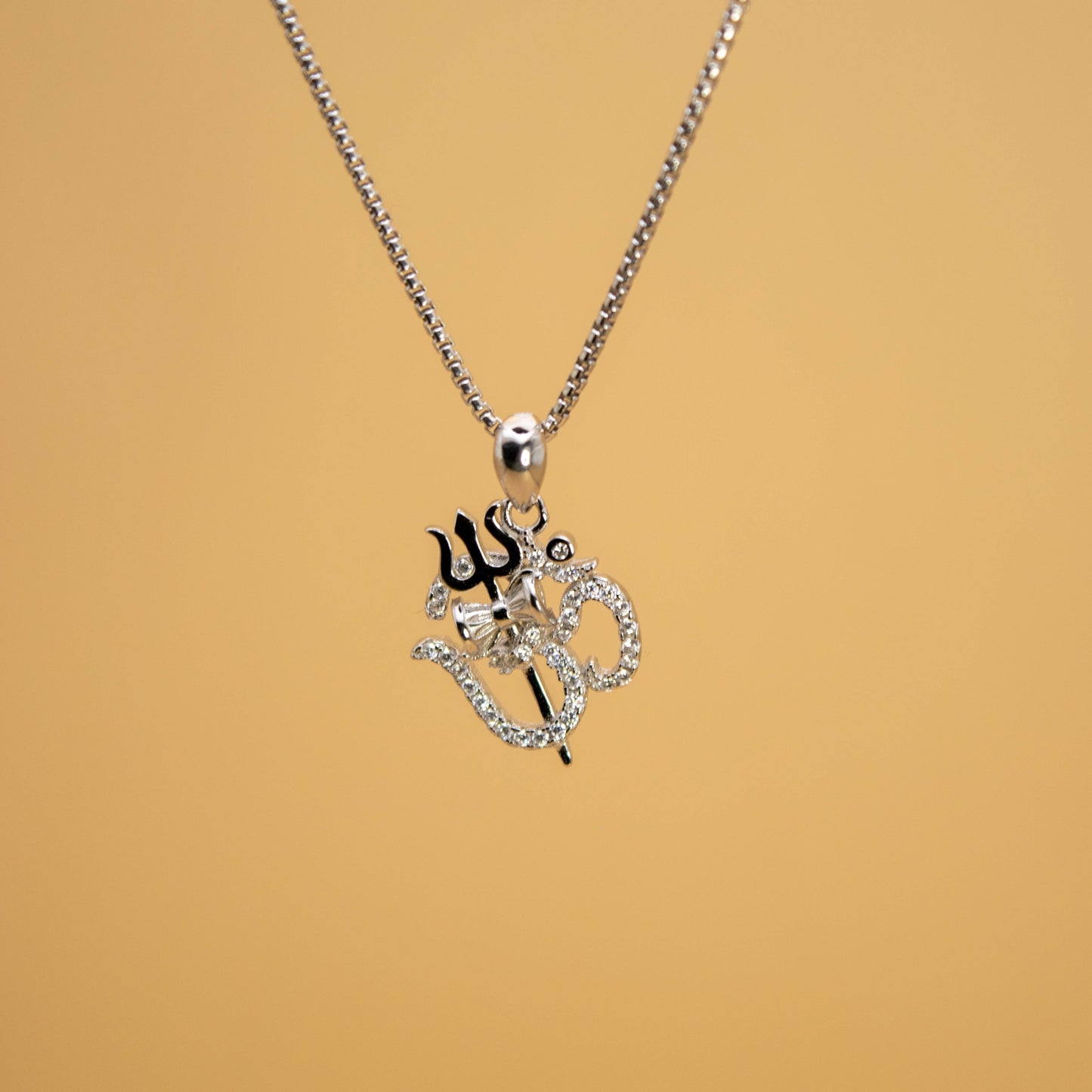 Sterling Silver Trishul Dumru Om Pendant (White CZ Gemstones, Rhodium plating, Pendant only, without chain)