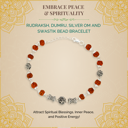 Rudraksh, Silver Om and Swastik Bead Dumru Bracelet