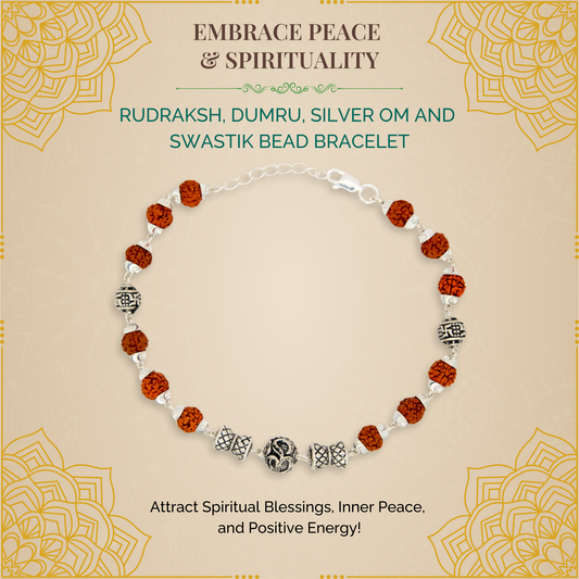 Rudraksh, Silver Om and Swastik Bead Dumru Bracelet