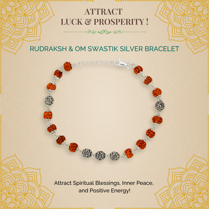 Rudraksh and Om Swastik Silver Bracelet