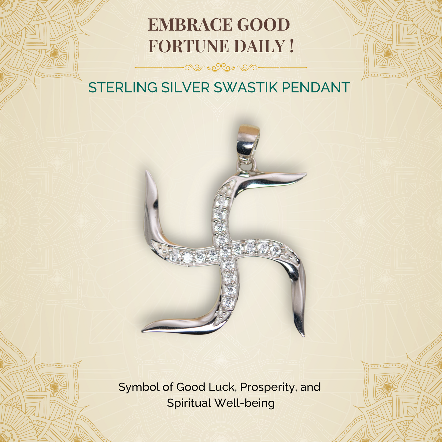 Sterling Silver Swastik Pendant (White Cz Gemstones, Rhodium Plating, Pendant only, without Chain)