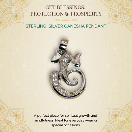 Sterling Silver Ganesha Pendant (White Cz Gemstones, Rhodium plating, Pendant only, without chain)