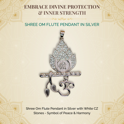 Shree Om Flute Pendant in Silver (White CZ Gemstones, Rhodium plating, Pendant only, without chain)