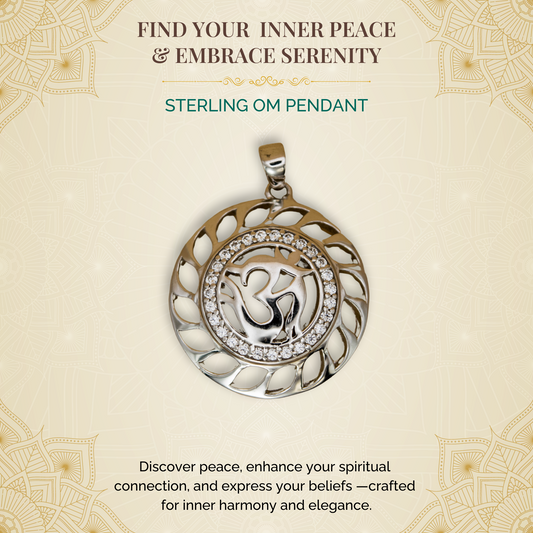 Silver Om Pendant (White CZ Gemstones, Rhodium plating, Pendant only, without chain)