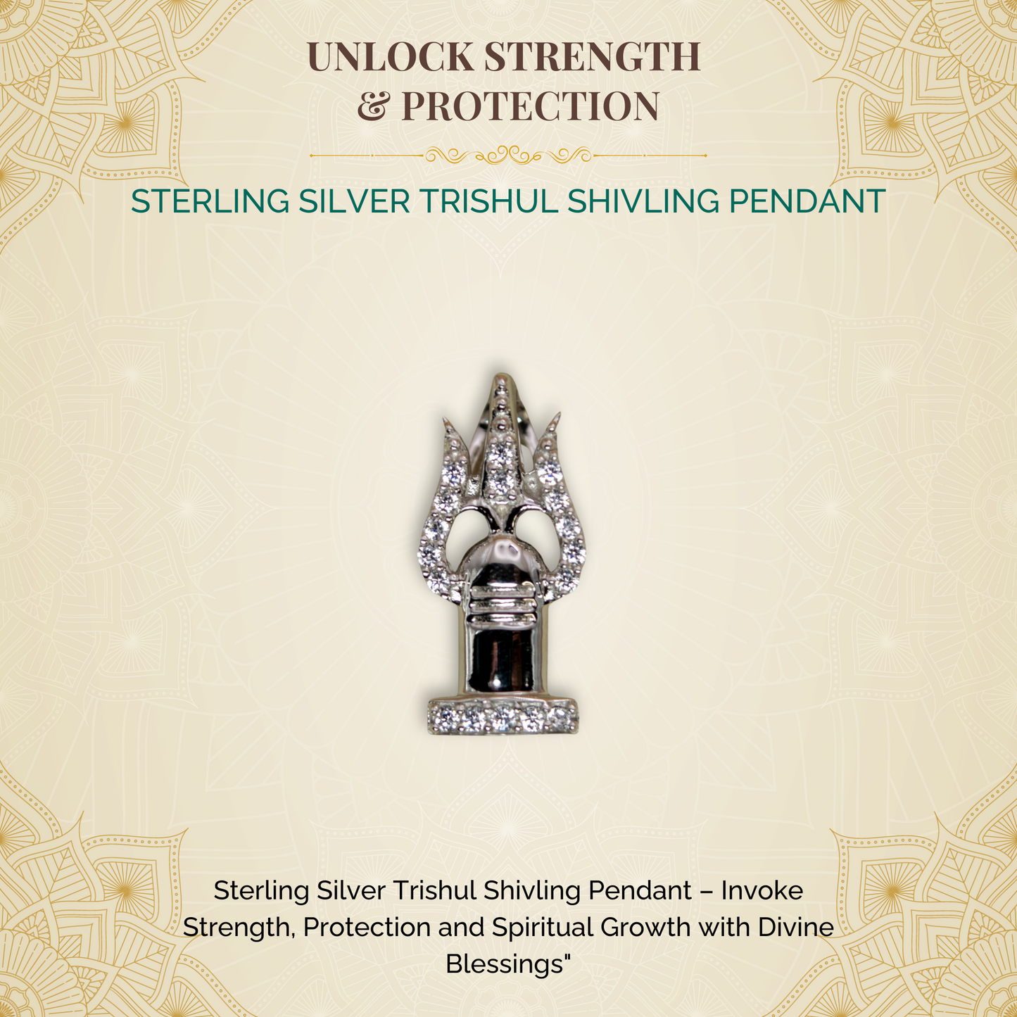 Sterling Silver Trishul Shivling Pendant (White CZ Gemstones, Rhodium plating, Pendant only, without chain)