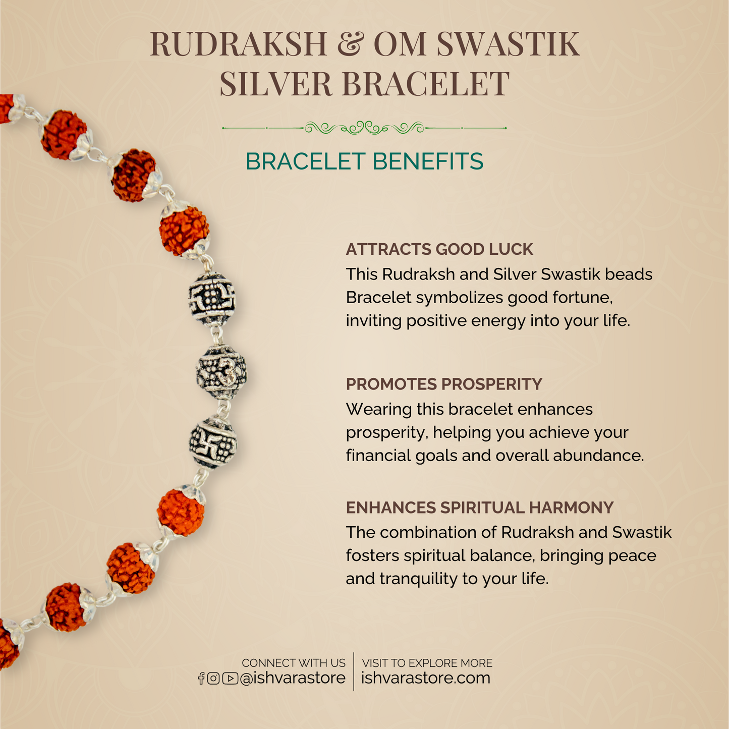 Rudraksh and Om Swastik Silver Bracelet