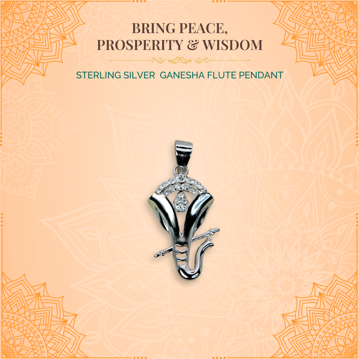 Sterling Silver  Ganesha Flute Pendant (White CZ Gemstones, Rhodium plating, Pendant only, without chain)