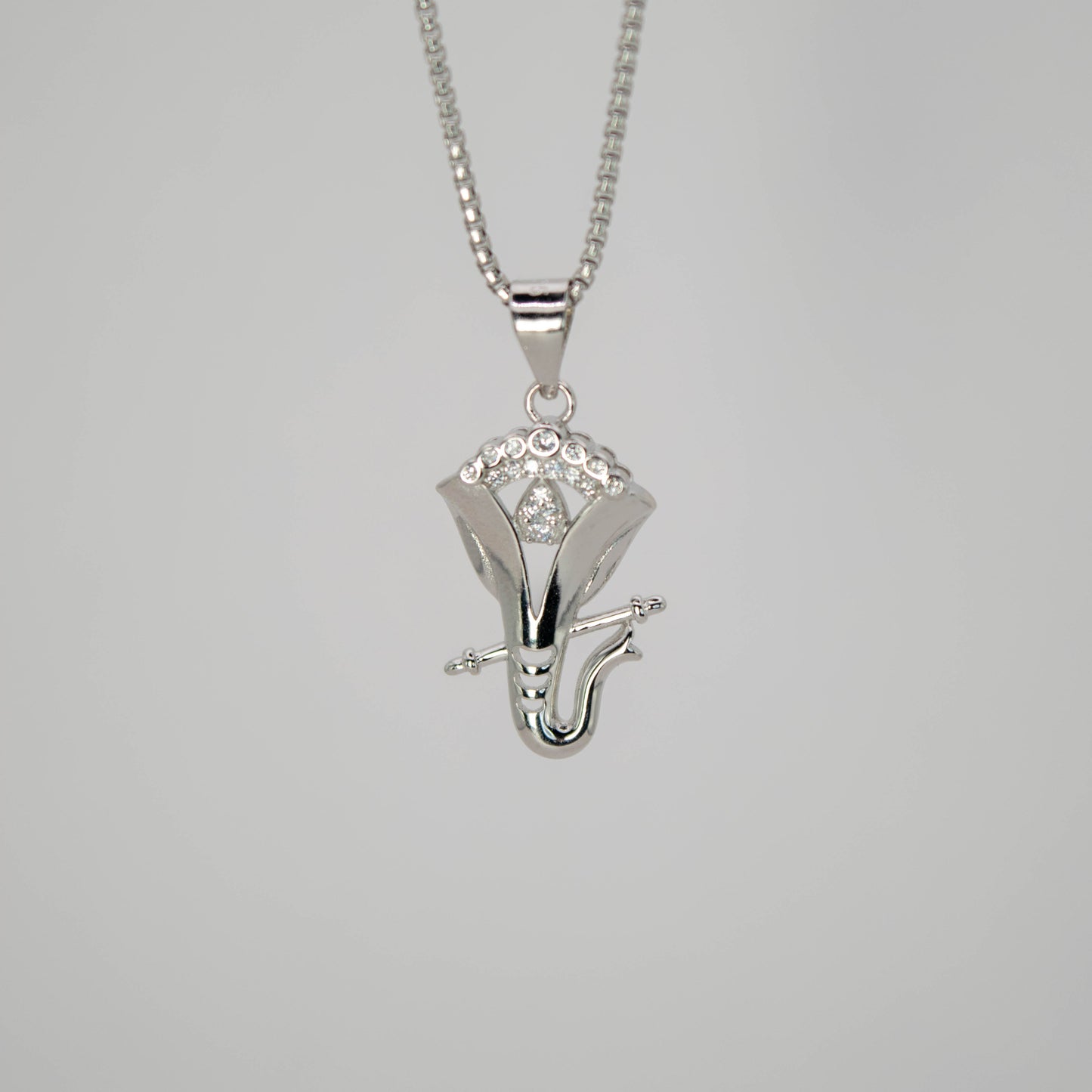 Sterling Silver  Ganesha Flute Pendant (White CZ Gemstones, Rhodium plating, Pendant only, without chain)